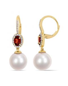 Freshwater Cultured Pearl (11-12mm), Garnet (1 1/10 ct. t.w.) and Diamond (1/4 ct. t.w.) Oval Drop Earrings in 10k Yellow Gold