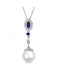 Freshwater Cultured Pearl (10-10.5mm), Created Blue Sapphire (1/2 ct. t.w) and Diamond (1/7 ct. t.w.) 17" Necklace in 10k White Gold