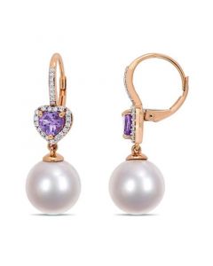 Freshwater Cultured Pearl (11-12mm), Amethyst (4/5 ct. t.w.) and Diamond (1/5 ct. t.w.) Heart Drop Earrings in 10k Rose Gold