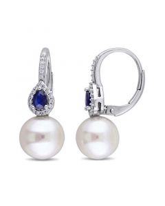 Freshwater Cultured Pearl (9-9.5mm), Sapphire (3/8 ct. t.w.) and Diamond (1/8 ct. t.w.) Pear Drop Earrings in 14k White Gold