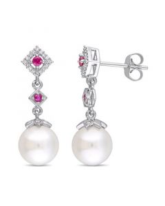 Freshwater Cultured Pearl (8.5-9mm), Ruby (1/7 ct. t.w.) and Diamond (1/10 ct. t.w.) Drop Earrings in 10k White Gold