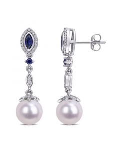 Freshwater Cultured Pearl (8.5-9mm), Created Sapphire (1/3 ct. t.w.) and Diamond (1/5 ct. t.w.) Drop Earrings in 10k White Gold