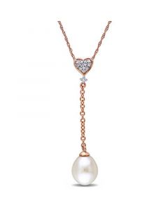 Freshwater Cultured Pearl (8-8.5mm) and Diamond Accent Heart Lariat 17" Necklace in 10k Rose Gold