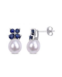 Freshwater Cultured Pearl (8-8.5mm), Sapphire (1 1/4 ct. t.w.) and Diamond Accent Earrings in 10k White Gold