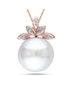 Freshwater Cultured Pearl (11.5-12mm) and Diamond Accent Leaf 17" Necklace in 10k Rose Gold