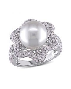 South Sea Cultured Pearl (10-10.5mm) and Diamond (1 ct. t.w.) Floral Halo Cocktail Ring in 14k White Gold