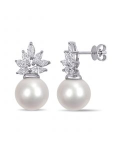 South Sea Cultured Pearl (11-12mm) and Diamond (1 1/2 ct. t.w.) Cluster Earrings in 14k White Gold