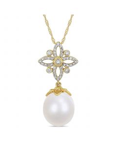 South Sea Cultured Pearl (11-12mm) and Diamond (1/4 ct. t.w.) Floral Drop 17" Necklace in 14k Yellow Gold