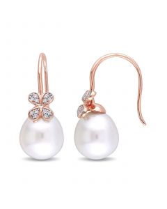 South Sea Cultured Pearl (11.5-12mm) and Diamond (1/8 ct. t.w.) Diamond Petal Earrings in 14k Rose Gold