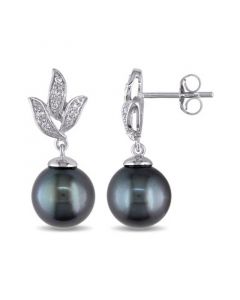 Tahitian Cultured Pearl (9-9.5mm) and Diamond (1/10 ct. t.w.) Floral Earrings in 10k White Gold