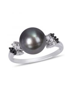 Tahitian Cultured Pearl (9-9.5mm) and Black White Diamond (1/8 ct. t.w.) Ring in 10k White Gold