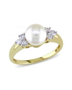 Cultured Akoya Pearl (7-7.5mm) and Diamond (1/5 ct. t.w.) Ring in 14k Yellow Gold