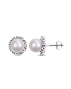 Akoya Cultured Pearl (8-8.5mm) and Diamond (3/8 ct. t.w.) Flower Stud Earrings in 14k White Gold