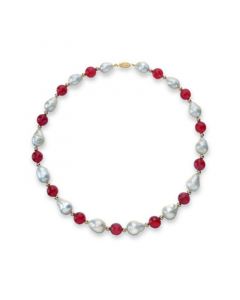 White Baroque Freshwater Cultured Pearl (12-13mm) with Red Agate (91 ct. t.w) and Gold Beads (4mm) 18" Necklace in 14k Yellow Gold. Also Available with Green Agate