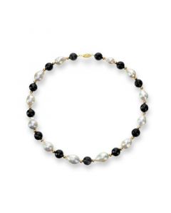 White Baroque Freshwater Cultured Pearl (12-13mm) with Black Onyx (10mm) and Gold Beads (4mm) 18" Necklace in 14k Yellow Gold