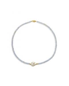 Cultured Baroque Freshwater Cultured Pearl (12-13mm) and Blue Lace Agate (4-5mm) Necklace in 14k Yellow Gold