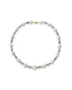 White Freshwater Cultured Pearl (10.5-11mm) with Blue Aquamarine (8mm), and Gold Beads (4mm) 18" Necklace in 14k Yellow Gold