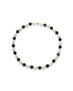 White Freshwater Cultured Pearl (9-9.5mm) with Black Onyx (10mm) and Gold Beads (3mm) 18" Necklace in 14k Yellow Gold