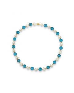 White Freshwater Cultured Pearl (9-9.5mm) with Turquoise Howlite (10mm), and Gold Beads (3mm) 18" Necklace in 14k Yellow Gold