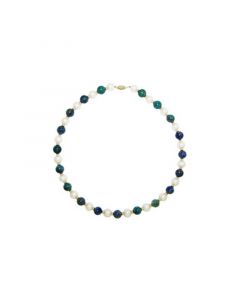 White Freshwater Cultured Pearls (10-11mm) with Multi-color Lapiz Lazuli (10mm) and Gold Beads (2.5mm) 18.5" Necklace in 14k Yellow Gold