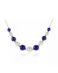 White Freshwater Cultured Pearls (6.5-9.5mm) with Blue Lapis (27 ct. t.w), and Gold Beads (3mm) 18" Necklace in 14k Yellow Gold. Also Available with Onyx and Turquoise