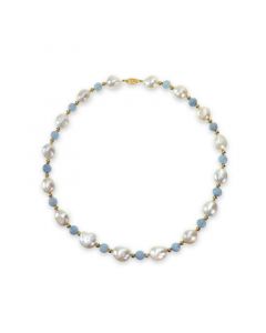 White Freshwater Cultured Pear (11-12mm) with Blue Aquamarine (8mm) and Gold Beads (4mm) 18" Necklace in 14k Yellow Gold