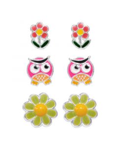 Children's  Owl, Blossom, Flower Stud Earrings - Set of 3 in Sterling Silver