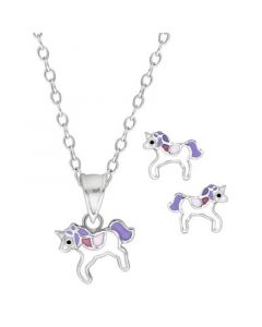 Children's  Purple Unicorn Pendant  Stud Earrings Set in Sterling Silver