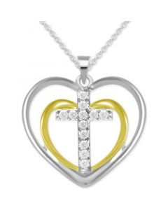 Diamond Double Heart Cross Pendant Necklace (1/10 ct. t.w.) in Sterling Silver & 14k Gold-plated Sterling Silver