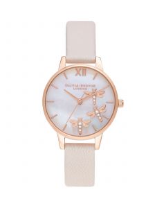 Women's Dancing Dragonfly Pearl Pink Leather Strap Watch 30mm