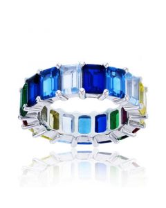 Rainbow Colored Emerald Cut Cubic Zirconia Eternity Band in Rhodium Plated Sterling Silver