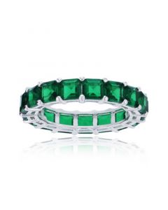 Green Princess Cut Cubic Zirconia Eternity Band in Rhodium Plated Sterling Silver