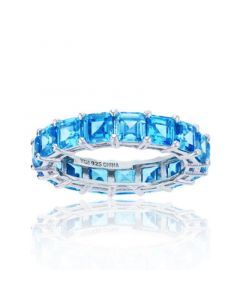 Blue Princess Cut Cubic Zirconia Eternity Band in Rhodium Plated Sterling Silver