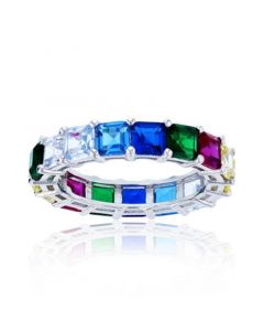 Rainbow Princess Cut Cubic Zirconia Eternity Band in Rhodium Plated Sterling Silver