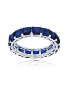 Created Blue Spinel Princess Cut Eternity Band in Rhodium Plated Sterling Silver