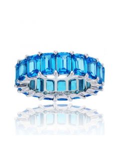 Blue Emerald Cut Cubic Zirconia Eternity Band in Rhodium Plated Sterling Silver