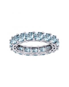 Created Light Blue Spinel Princess Cut Eternity Band in Rhodium Plated Sterling Silver