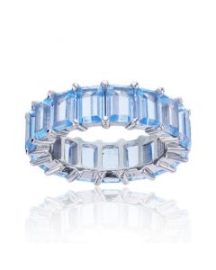 Created Light Blue Spinel Emerald Cut Eternity Band in Rhodium Plated Sterling Silver