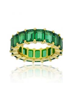 Green Emerald Cut Cubic Zirconia Eternity Band in 14k Yellow Gold Plated Sterling Silver