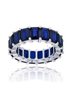 Created Blue Spinel Emerald Cut Eternity Band in Rhodium Plated Sterling Silver