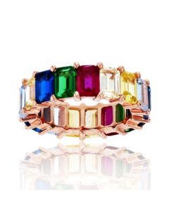 Rainbow Colored Emerald Cut Cubic Zirconia Eternity Band in 14k Rose Gold Plated Sterling Silver