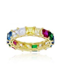 Rainbow Princess Cut Cubic Zirconia Eternity Band in 14k Yellow Gold Plated Sterling Silver