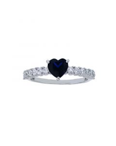 Created Blue Spinel and White Cubic Zirconia Heart Ring in Rhodium Plated Sterling Silver