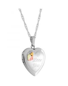 "I Love You" Heart Locket Pendant 18" Necklace in Sterling Silver with 12K Rose and Green Gold