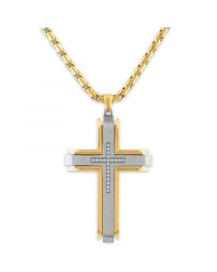 Men's 1/10 Carat Diamond Cross Pendant 22" Chain in Stainless Steel and Gold Tone Ion Plating