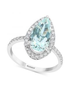 EFFY® Aquamarine (3 ct. t.w.) & Diamond (3/8 ct. t.w.) Halo Pear Teardrop Ring in 14k White Gold