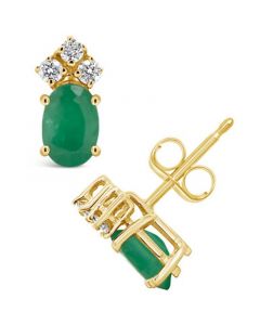 Emerald (1 ct. t.w.) and Diamond (1/8 ct. t.w.) Stud Earrings in 14k Yellow Gold