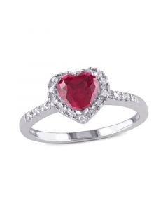 Created Ruby (1 ct. t.w.) and Diamond (1/10 ct. t.w.) Heart Halo Ring in Sterling Silver