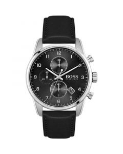 Men's Chronograph Skymaster Black Leather Strap Watch 44mm