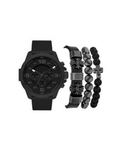 Men's Black Faux Leather Strap Watch 50mm Gift Set